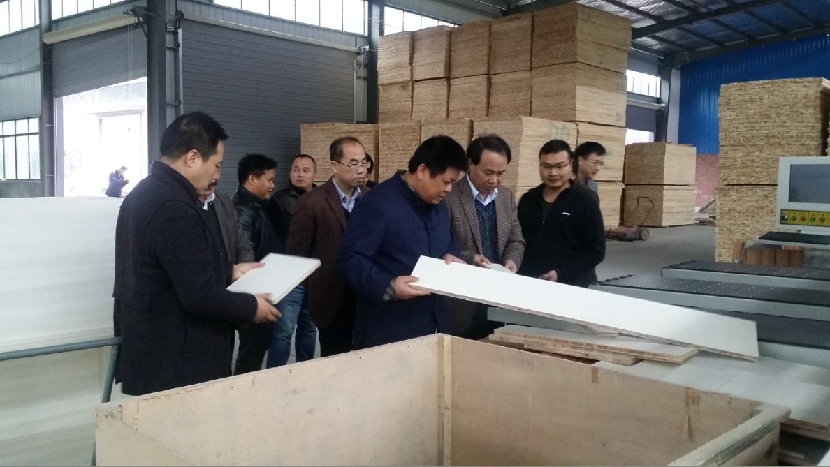韦锦义(中)总会计师实在考察木业公司的材质材料